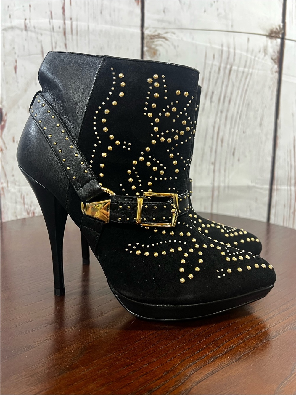 bebe Black Ankle Boots with Gold Studs & Buckle